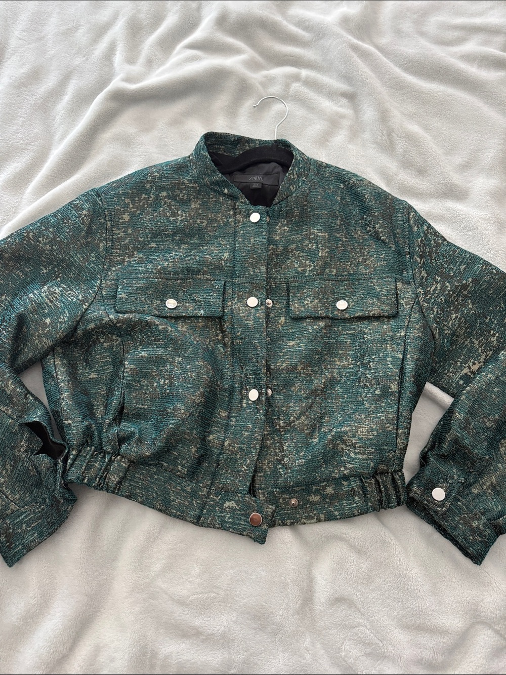 Zara Teal Green Textured Cropped Utility Jacket